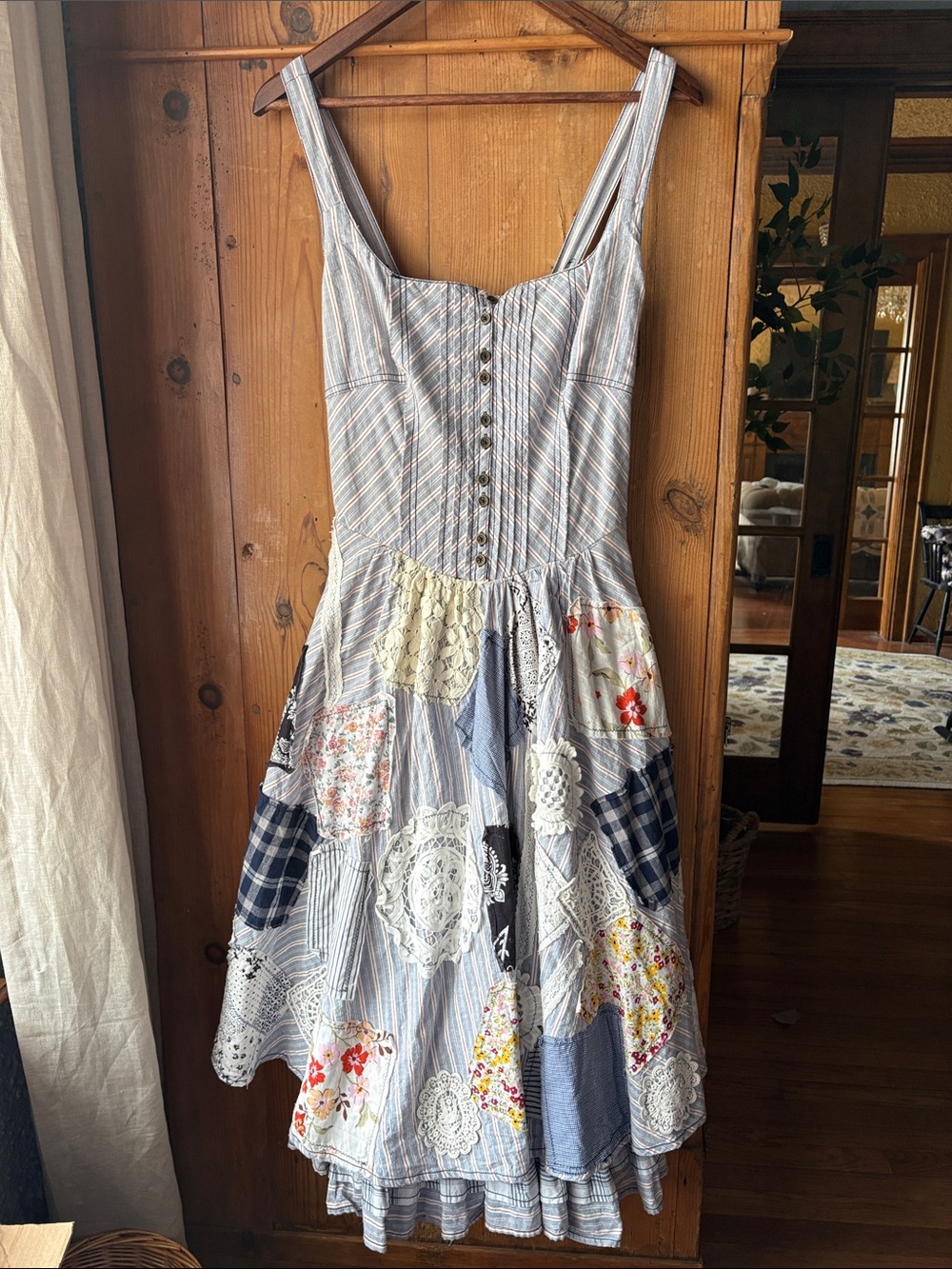Pilcro Blue and White Patchwork Midi Dress